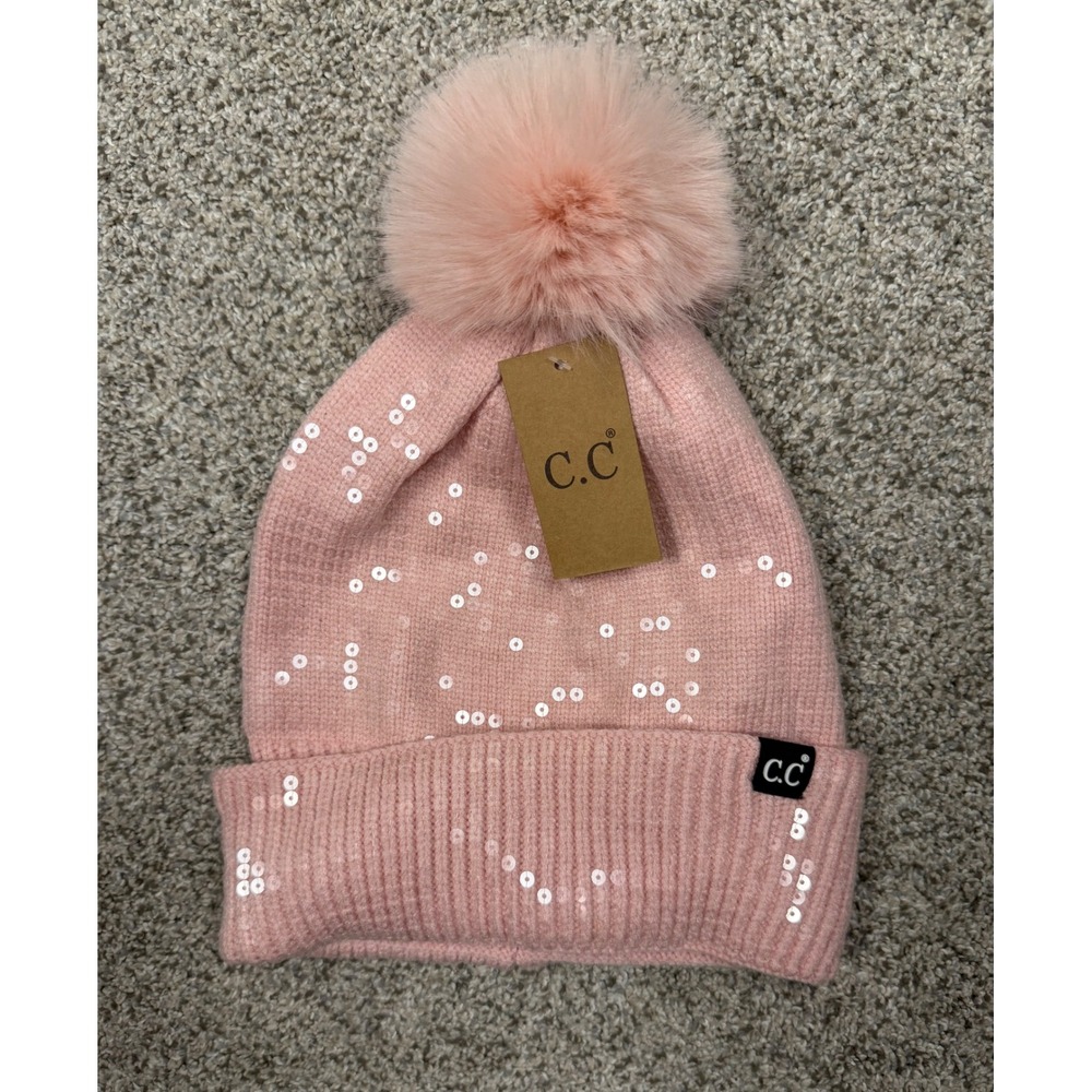 C.C Beanie Sequin Knit One Size Pink Winter Pom Pom Ribbed Cuff Hat